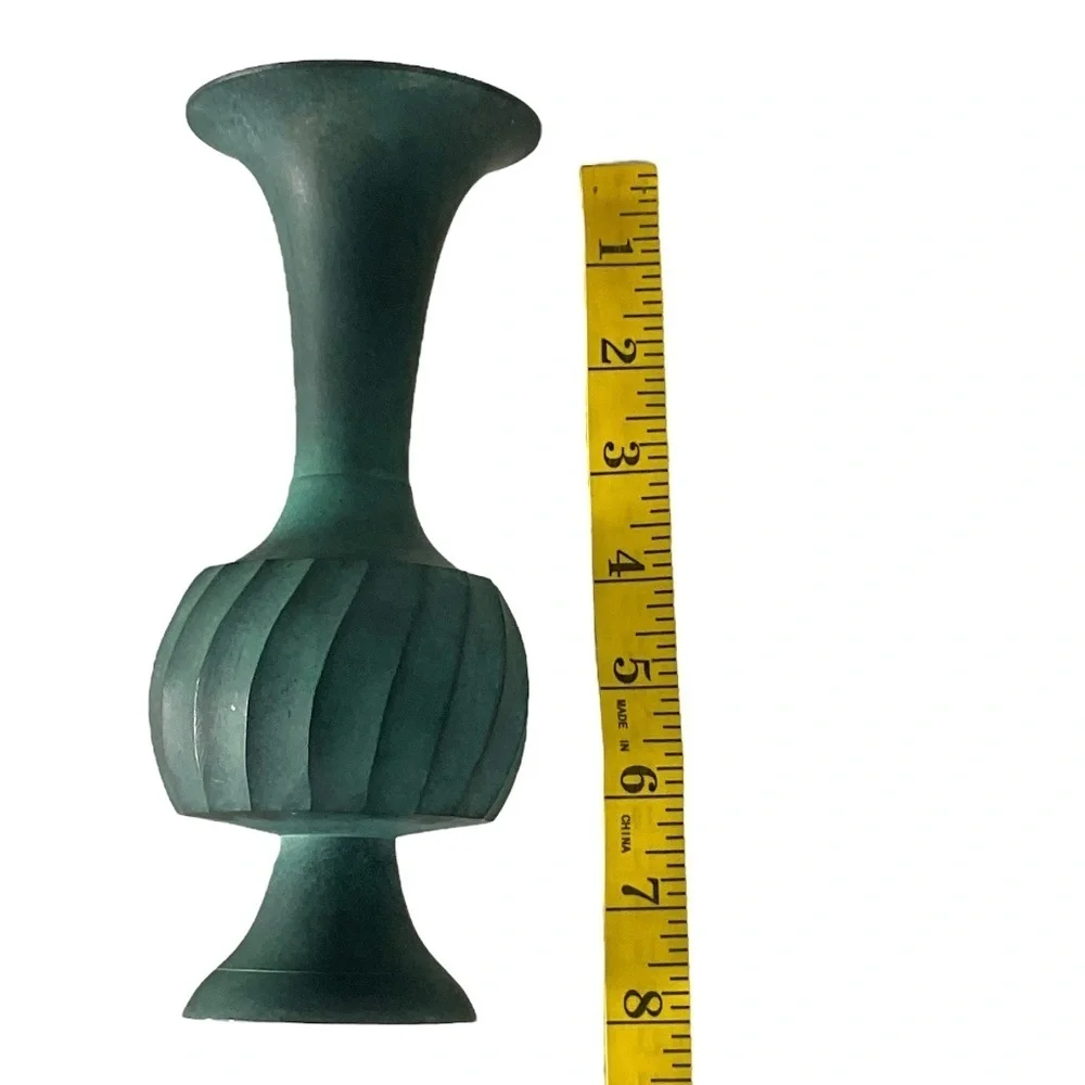 Vintage Handcrafted Green Metal Vase by Archana Crafts India Swirl Design 7 7/8”